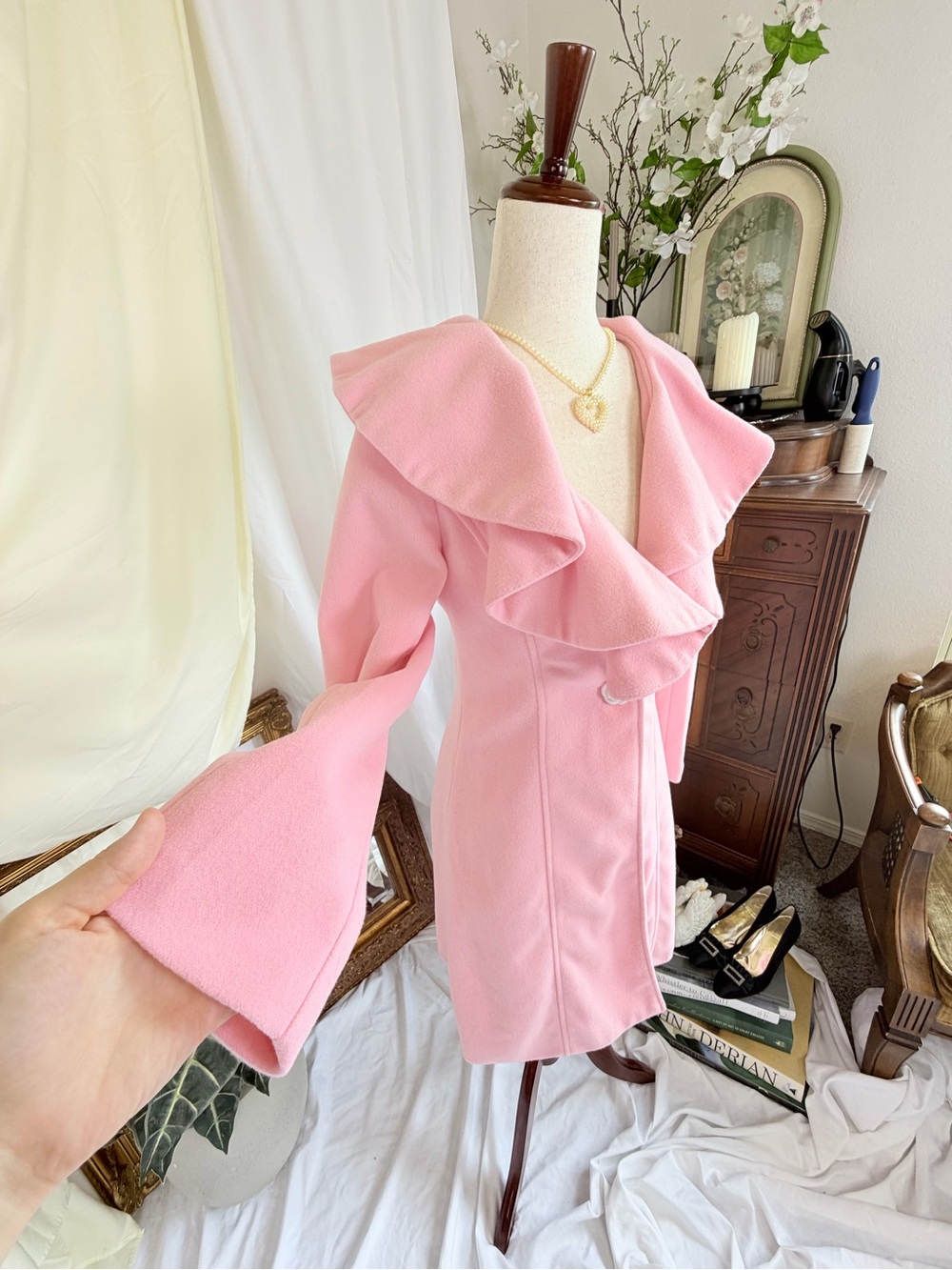 Elegant Pink Ruffle-Trim Coat Dress Pastel Barbie Preppy  XS Baby Pink - Picture 4 of 5